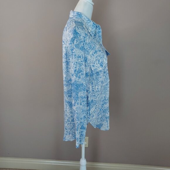 Zara Paisley Blue Button Down Long Sleeve Blouse Size Small - Picture 6 of 8